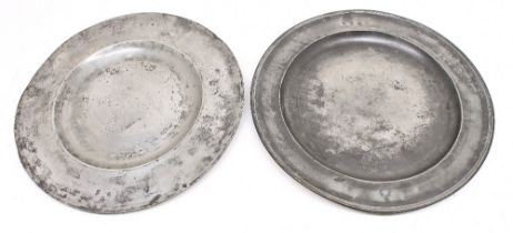 Two similar 18th century pewter chargers, one with marks for J Webber to back, both also have