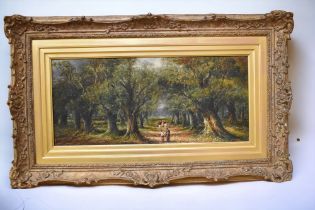 Attributed to FH Henshaw The Forest Path, oil on canvas 47.5cm x 21.5cm, unsigned, written to