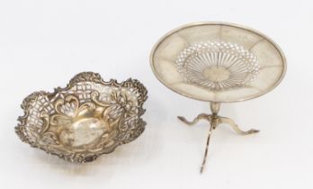 An Edwardian silver stand on tripod feet (R&B 1910), & a Victorian pierced silver bon-bon dish (1894