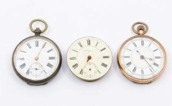 A 9ct gold cased pocket watch, silver cased pocket watch and a Farringdon fusee watch movement