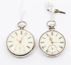 Two silver cased open faced pocket watch, both with cream dials, Roman numeral indices, sub dials at