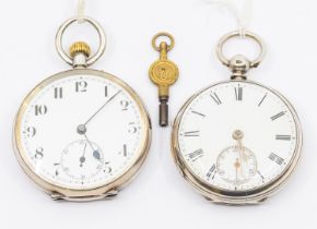 Two silver cased open faced pocket watches including a late Victorian version, white enamel dial
