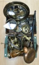 Two boxes of mixed brass and copper wares to include kettles, mirrors, vases, animals, jam pans,