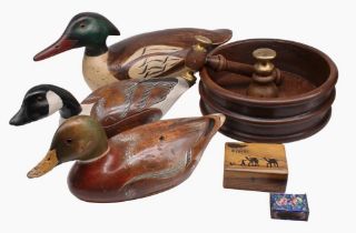 Three 1980s hand-painted and signed wooden decoy ducks - Canada Goose and Mallard by Ken Hopkins