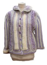 Cardigan by Creation Aguska, Paris, in lilac/cream and mauve, it has a lolac button and trimmed with