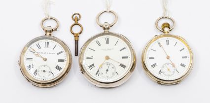 Three silver cased open faced pocket watches, all with white enamel dials, numeral indices,