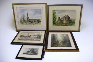 Collection of watercolours by D.Brindley, local interest along with print and etching.