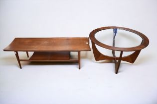 A Mid-Century G-Plan "Astra" coffee table with glass top with stamped mark underneath, along with