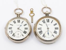 Two silver open faced pocket watches both with white enamel dials, numeral indices, sub dials at