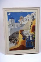 Seven modern framed prints, mainly of Santorini.