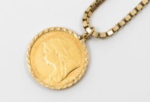 A Victorian mounted full sovereign dated 1893, suspended on a box link 9ct gold chain, width