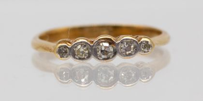 A diamond and 18ct gold five stone ring, collet set, size L1/2, total gross weight approx 2gms