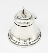 A George V silver bell shaped ink well, angular handle to top of hinged cover, removable insert,