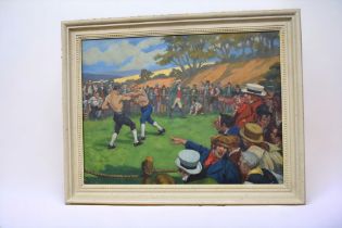 Thomas Heath Robinson (1869-1954) Fairground Boxers, oil on canvas, framed, painting approx. 69cm