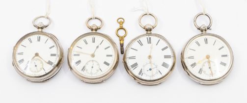 A collection of four silver cased open faced pocket wtaches, all with enamel dials, numeral indices,