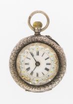 An early 20th century ladies silver 800 open faced pocket watch, comprising a white enamel dial with