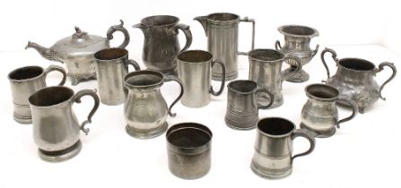 A mixed collection of mostly 19th century pewter items to include; tea pot, sugar bowl with stylised