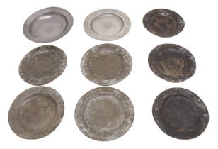 A collection of mixed 18th or 19th century pewter plates to include; three matching 22cm diameter,