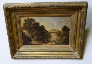 English School (19th Century) Figures by riverbank, bridge beyond oil on canvas, 16 x 26cm, gilt