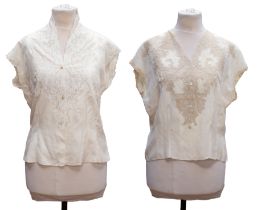 Two 1950s silk blouses, one blouse has lace inserts covering the front with tiny brass coloured