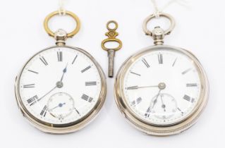 Two  late Victorian silver cased open faced pocket watches, both with white enamel dials, numeral