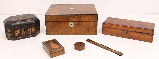 Treen- A lacquered tea caddy, a burr walnut veneer writing box and four further items