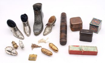 A collectors lot to include; an early to mid 20th century boot shaped metal hat pin holder, three