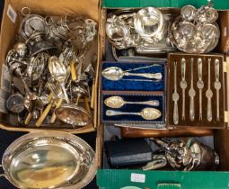 A collection of silver plated items to include; case mother of pearl handled plated knives and