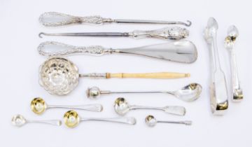 A collection of mixed silver flatware to include; a bone handled 800 standard silver long sifter/