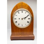 Mid to late 19th Century 8 day mahogany mantle clock with arched case, round dial, Roman numerals,