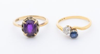 A sapphire doublet and diamond set 18ct gold toi et moi ring, set with a round mixed cut sapphire