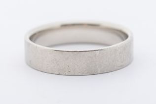 A platinum wide wedding ring, inside out D section, width approx 5mm, size T1/2, brushed finish,