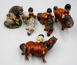 A collection of Beswick comical horse groups, by Norman Thelwell, including "Kick Start" in brown