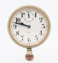 An eight day 15 jewel  car clock circa 1925, white enamel dial with Arabic indices, blue steel
