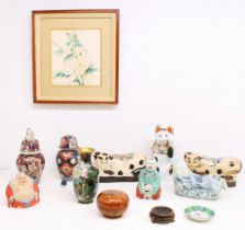 A collection of Asian items to include a buddha, lidded vases, figures and a print etc (13)