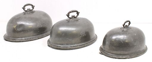 Three 19th century pewter domed covers, all having ribbed edging and handles to top, all of