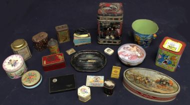 A collection of early to mid 20th Century vintage biscuit tins, tea tins, cigarette tins, vintage