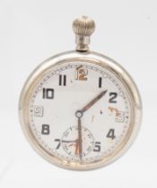 A WWII military metal pocket watch, comprising a white dial with Arabic numerals, subsidiary dial at