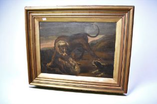 English school 19th Century oil on board of dogs fighting on the moors, in gilt frame by M Craddock,