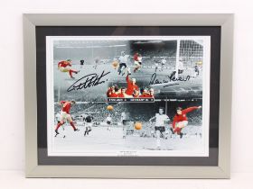 World Cup: A framed and glazed signed print montage of the 1966 World Cup Final, signed by Geoff