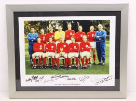 World Cup: A framed and glazed print of the 1966 World Cup Final England team, signed by eight