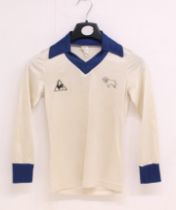 Derby County: A Le Coq Sportif, Derby County, white long-sleeve home shirt with blue cuffs and