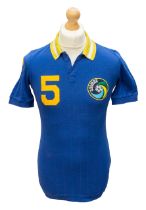 New York Cosmos: A New York Cosmos, match worn, 1982 blue away shirt with white and yellow collar.