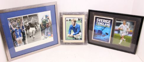 Football: A collection of three framed, glazed and signed football montages / photographs of Everton