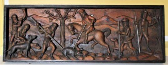 wood panel carved in relief with a scene of a mediaeval boar hunt, 20th century, 37.5cm x 10.5cm