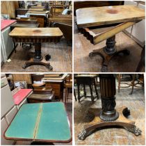 A Walnut inlaid card table, fluted frieze contains storage area over ornate carved column pedestal