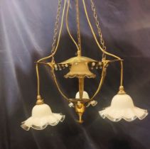 An unusual Arts and Crafts ceiling light with 4 milk glass and clear edged shades ,in the Benson