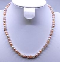 9ct Gold Cultured Pearl Necklace. The Necklace contains different tones of pink Cultured Pearls