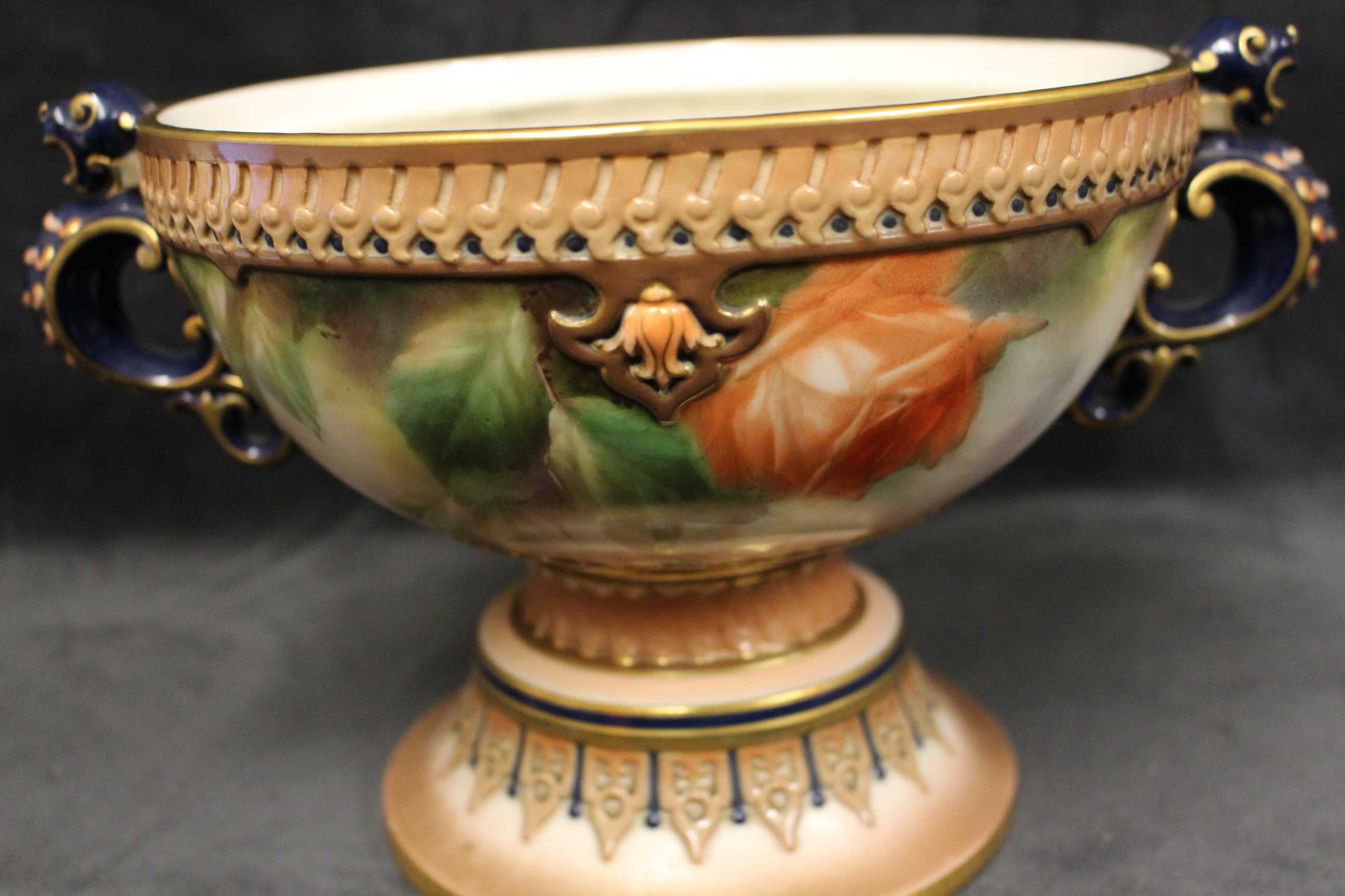 A Hadley's Worcester twin-handled pot pourri and cover painted with roses, the pierced cover and - Image 3 of 5