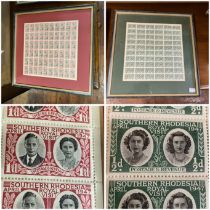 Two framed sheets of 60 stamps each, 1/2 d and 1 d, half penny and one penny, from the Royal visit